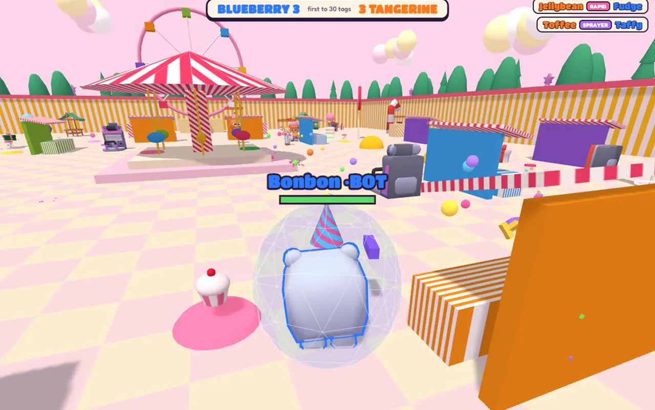 SugarStrike gameplay: a candy arena with players tagging each other, running in a web browser