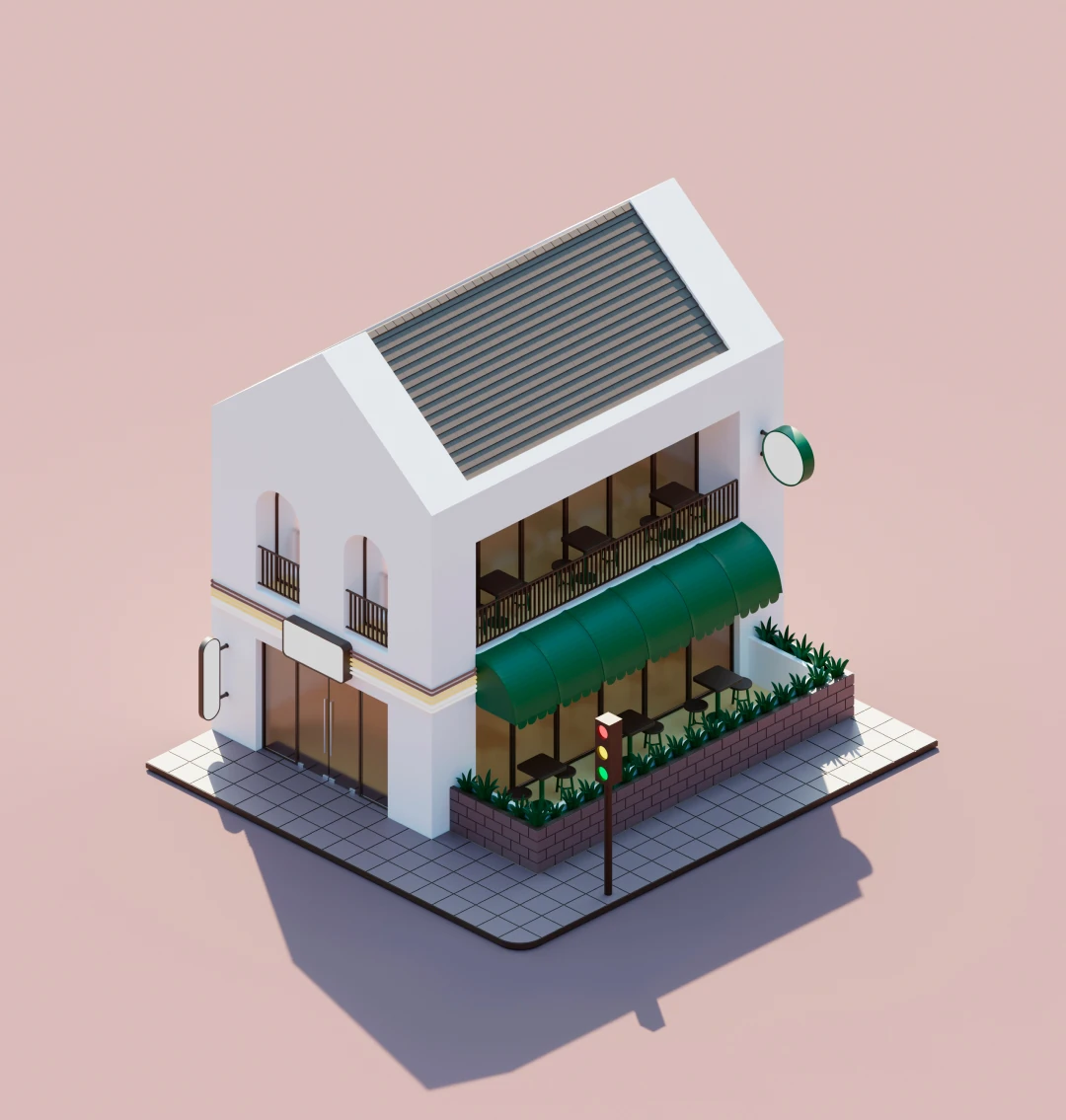 Isometric render of a small business whose support queue is triaged by an agent